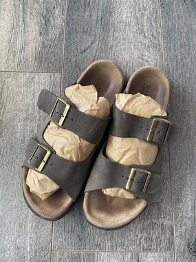 Classic Double-Buckle Brown Leather Slide Sandals